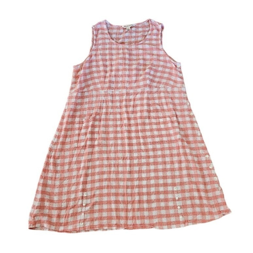 April Cornell XXL Peach Gingham Cotton Sleeveless Dress Side Button Pockets